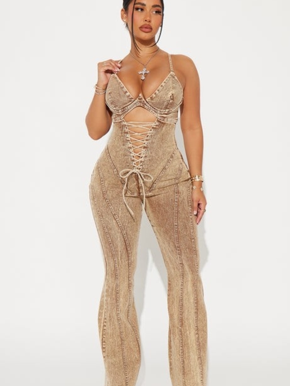 Fashion Nova Washed Taupe Lace-Up Strapless Jumpsuit